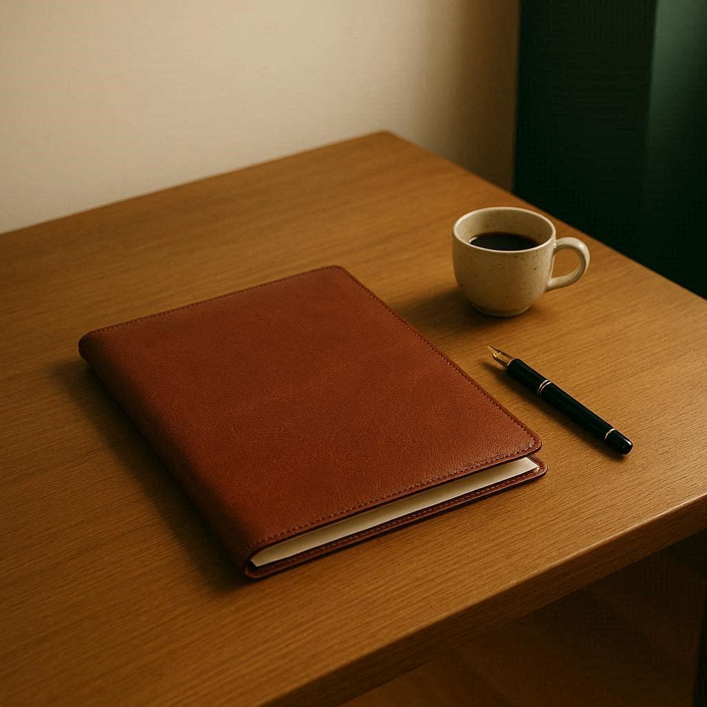 Leren dossier, vulpen en kop koffie op houten bureau